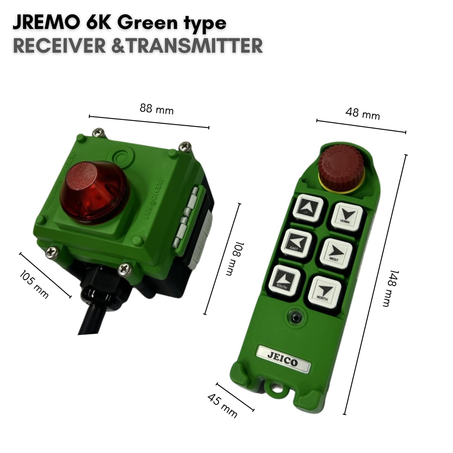 JEICO Crane Hoist Industrial Wireless Remote 6 Buttons Controller JREMO 6K Green Type (1 Transmitter + 1 Receiver) Green, Made in Korea