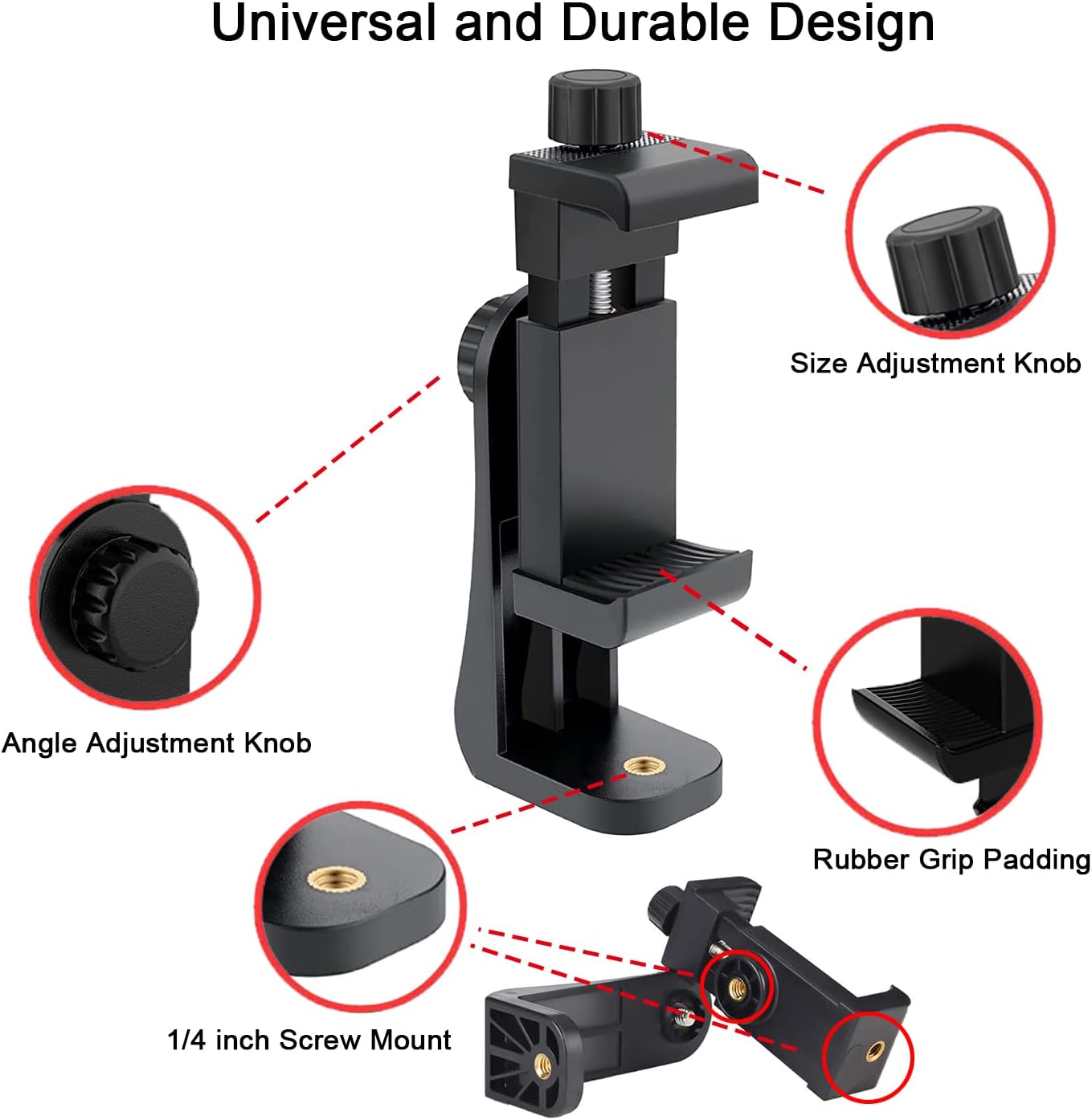 EszkozTA 360 1/4" (Black-2 Pack) Cell Phone Tripod Mount Adapter, Universal Phone Holder Adjustable Clamp, Degree