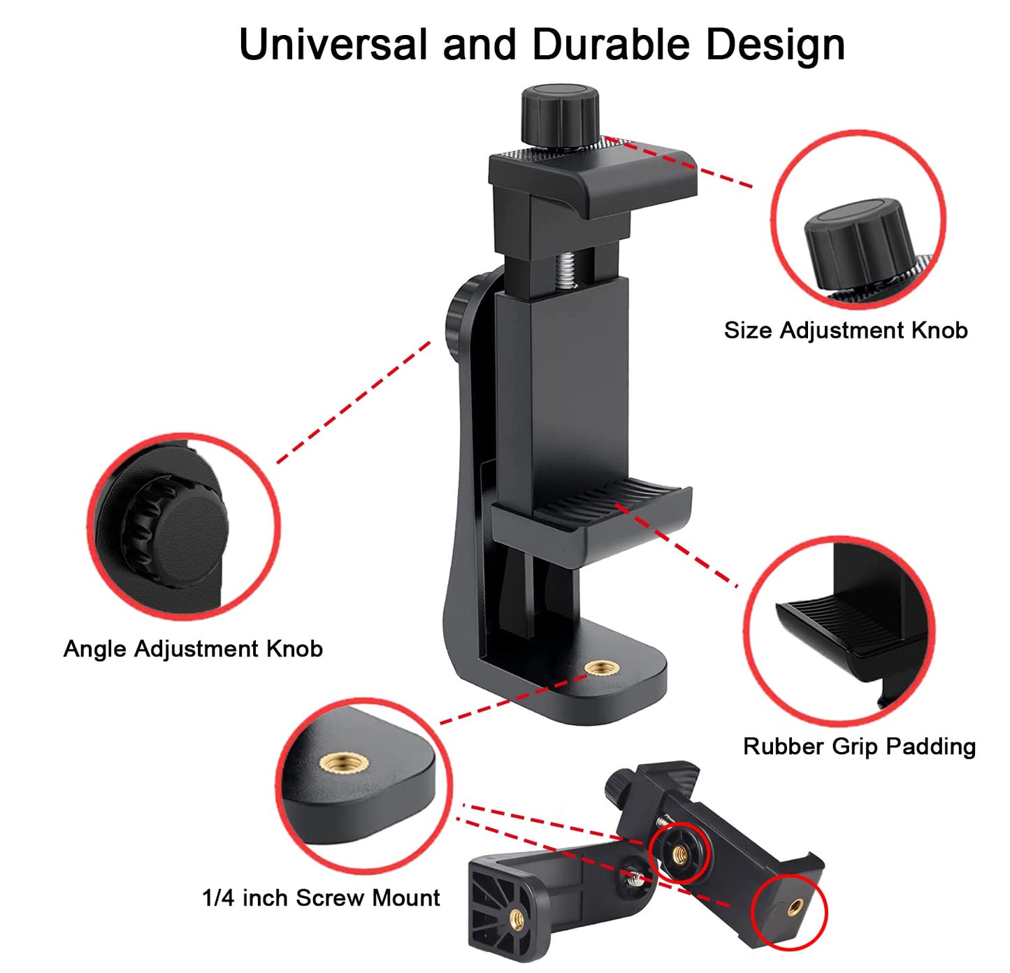 EszkozTA Cell Phone Tripod Mount Adapter, Universal Phone Holder Adjustable Clamp, 360 Degree Rotatable Bracket 1/4" Screw Clip for iPhone, Samsumg, Selfie Stick, Monopod (Black-1 Pack)