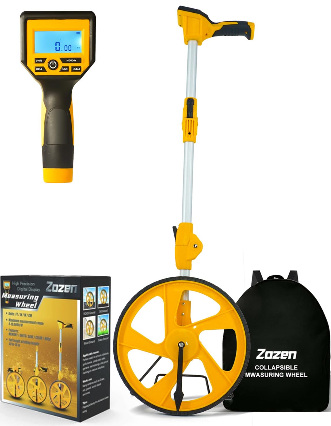 Zozen Measuring Wheel Digital Display, 3-Sections Foldable, Imperial/Metric Measure Wheel with Backlit Display | Up to 99,999Ft/ 99,999M | Kickstand to Keep Stand |Portable, Include Cloth Backpack.