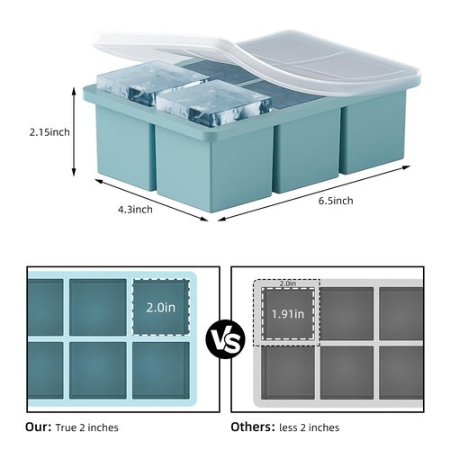 Large Ice Cube Tray for Whiskey 3 Pack, HANCELANT Big Silicone Square Ice Cube Mold with Removable Lid, 2'' Huge Square Ice Cubed Tray for Whisky and Cocktail(Blue+Green+Pink)