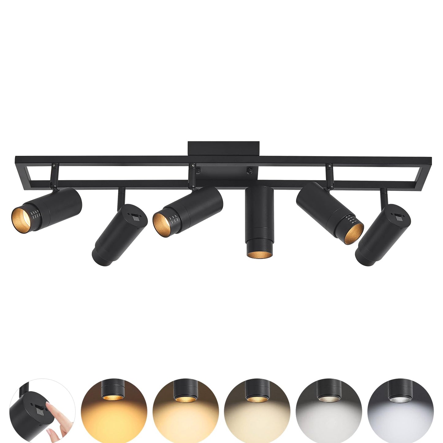 AIBISOD Zoomable 5-Color LED Track Lighting Kit, 6-Light Dimmable Ceiling Spotlights, 15°-60° Black Modern Track Light Fixture with Flexible Rotatable Heads for Kitchen, Living Room, Bedroom