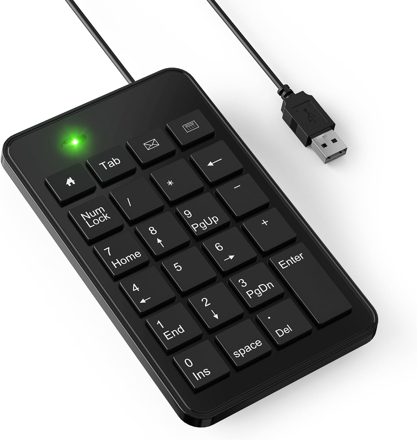 CBUS 23 5ft Wired USB-A Numeric Keypad for Laptop, Keys Numpad Keyboard with Tab, Home, Email & Calculator Keys, Cable