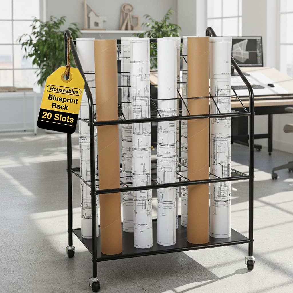 Houseables Blueprint Holder, Blueprint Storage, Construction Plan Holder, Storage Rack, Print Rack, Map Cabinet, Poster Display, Blue Print Organizer On Wheels, Architect, Paper, Tube, 20 Slot Cart