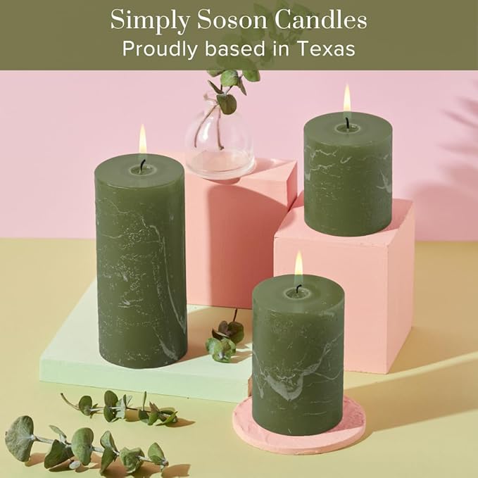 Simply Soson 3x6 inch Dark Moss Green Pillar Candles Set of 3, Rustic Texture, Unscented Green Candles, Dripless Candles, 3 inch Pillar Candles for Wedding Parties Spas Dinner Home Decoration Church