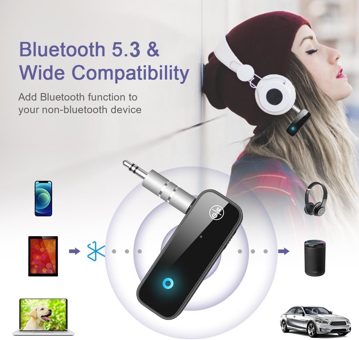 JXTZ 2 Pack 2 1 5.3 3.5mm Aux Bluetooth Adapter for Car, in Bluetooth Transmitter Receiver for Headphones Car Home