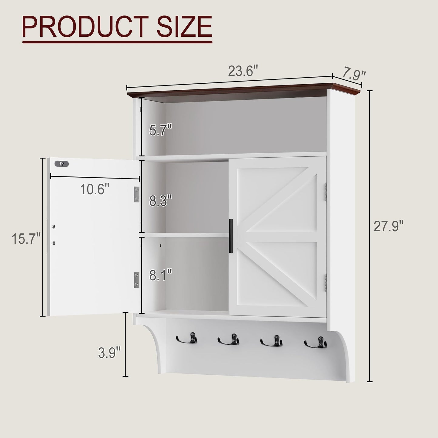 VECELO Farmhouse Bathroom Wall Cabinet, Medicine Cabinet with 4 Hooks, Wall Mounted Storage Cabinet with Open Partition and Adjustable Shelves for Bathroom, Kitchen, Laundry Room, White