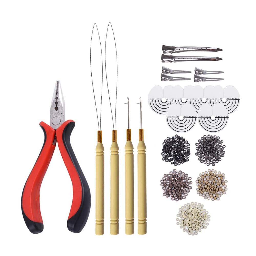 1000 Pcs Silicone Micro Rings Hair Extensions Tools Kit: Three-hole Hair Pliers, Micro Pulling Hook Needle, Loop Threader and Silicone Micro Links Rings Beads (5 Colors)