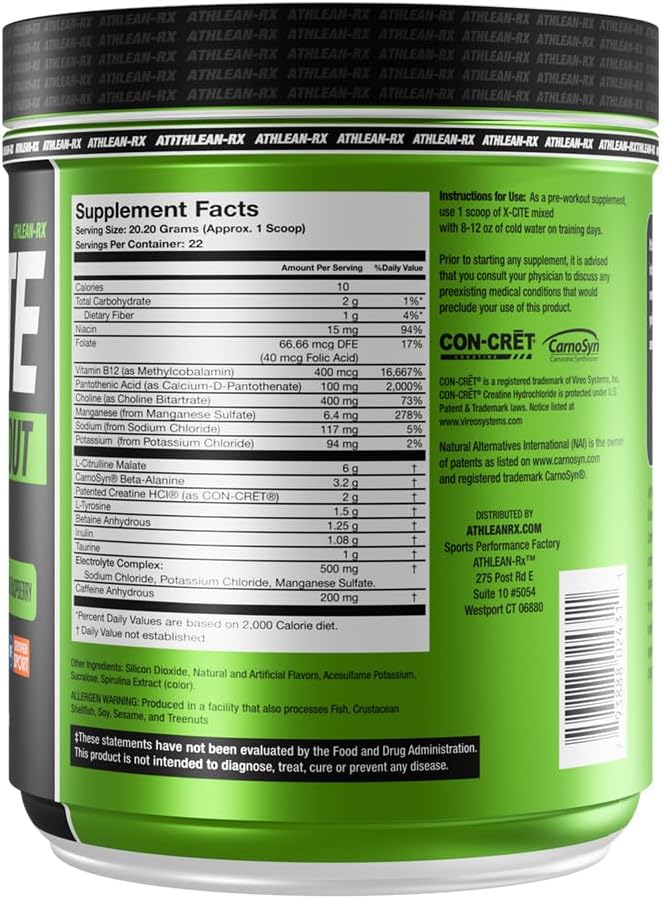 X-CITE Pre-Workout by ATHLEAN-X - Enhanced Formula with Beta-Alanine, Creatine & Caffeine for Energy, Endurance, Focus & Muscle Pump, NSF Certified for Sports (22 Servings, Sour Blue Raspberry)