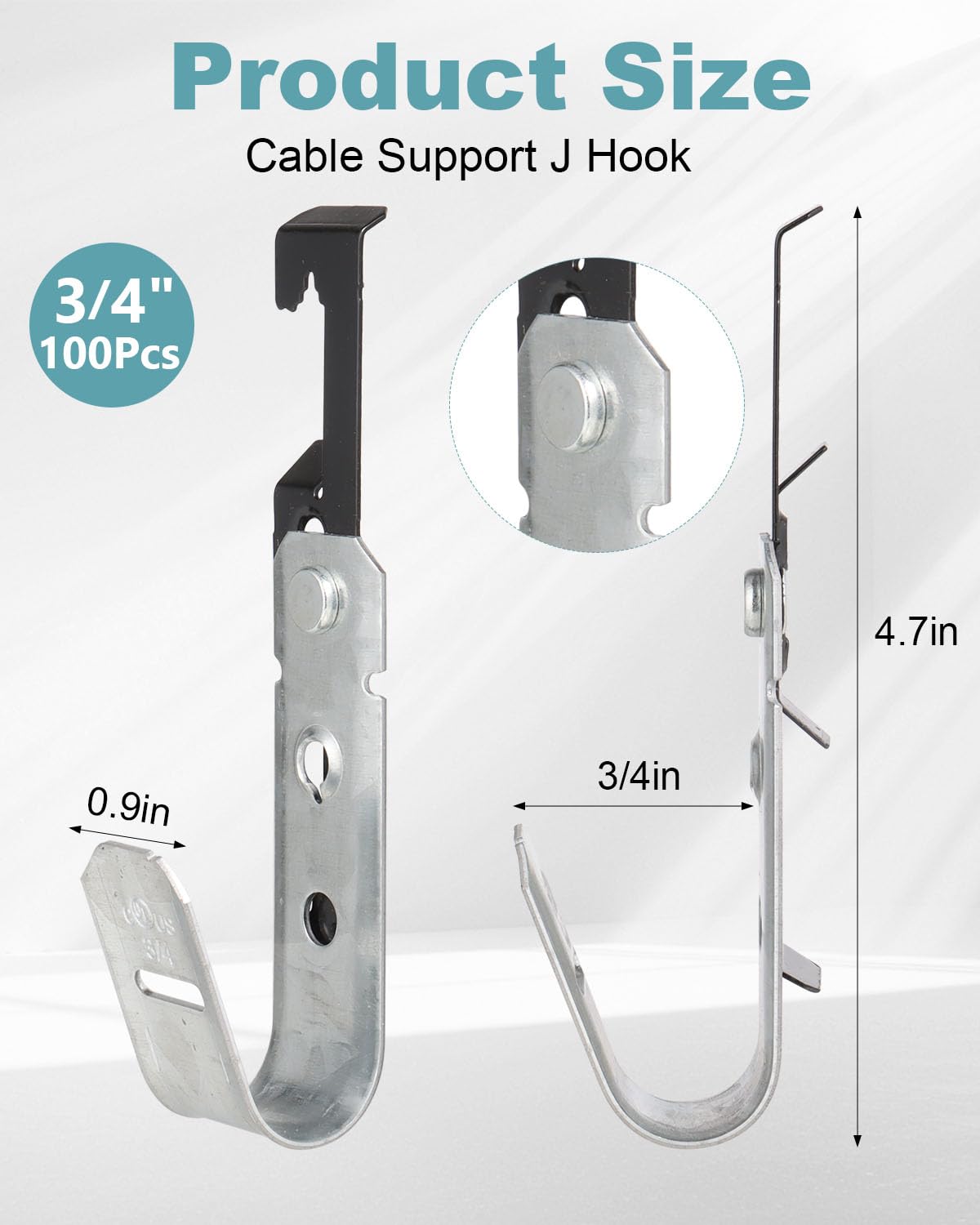 AOKLIT 100 Pcs Metal J Hooks Cable Support 3/4 Inch J Hook Hangers, Wall Mounted Galvanized Cable Support J-Hook for Hanging, J Hook with Bat Wing for Wire Management