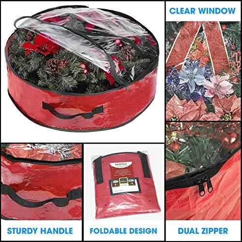 Propik Christmas Wreath Storage Bag - Tear Resistant Holiday Container with Clear Window | 30" X 30" X 8" (Red)