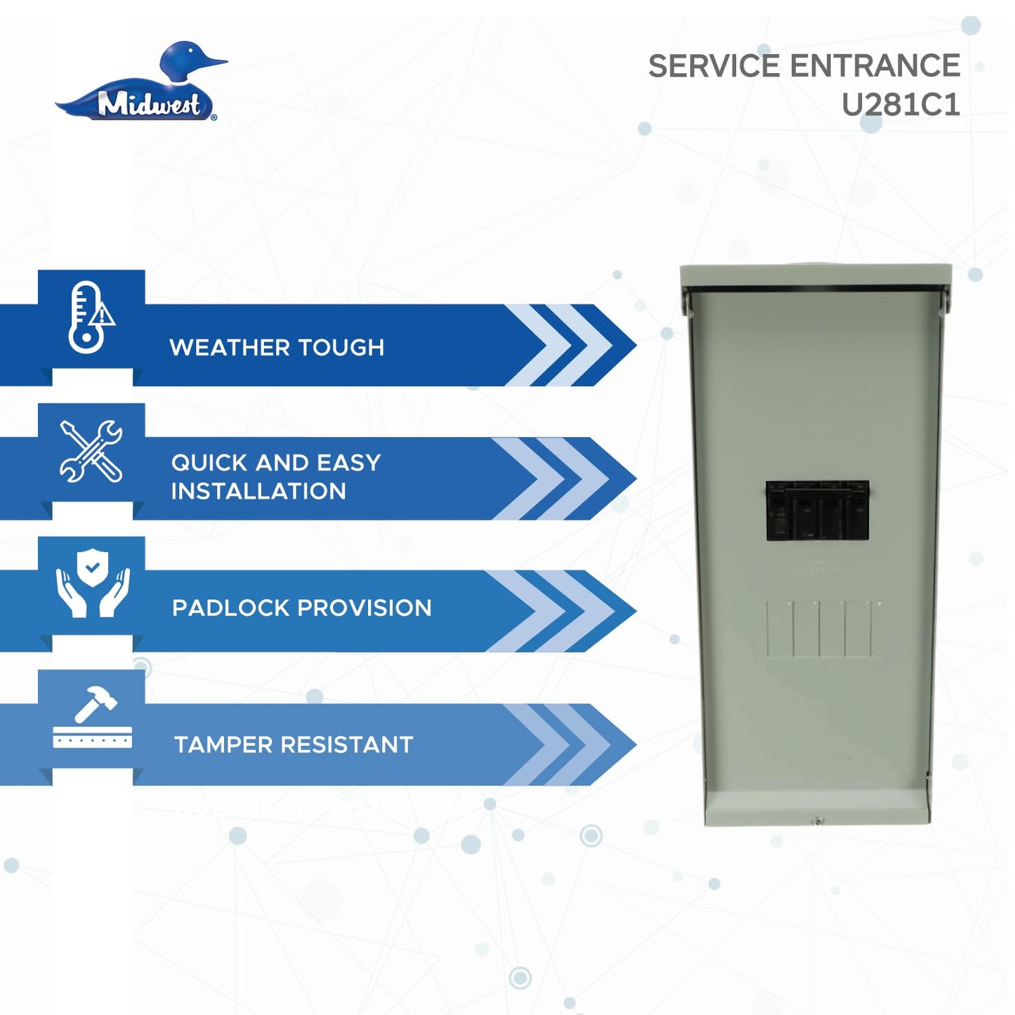 MIDWEST U281C1 • Unmetered Service Entrance Equipment • Weatherproof 200A Unmetered Main • 4 Circuit space • N3R Surface Mounted • NEC Compliant