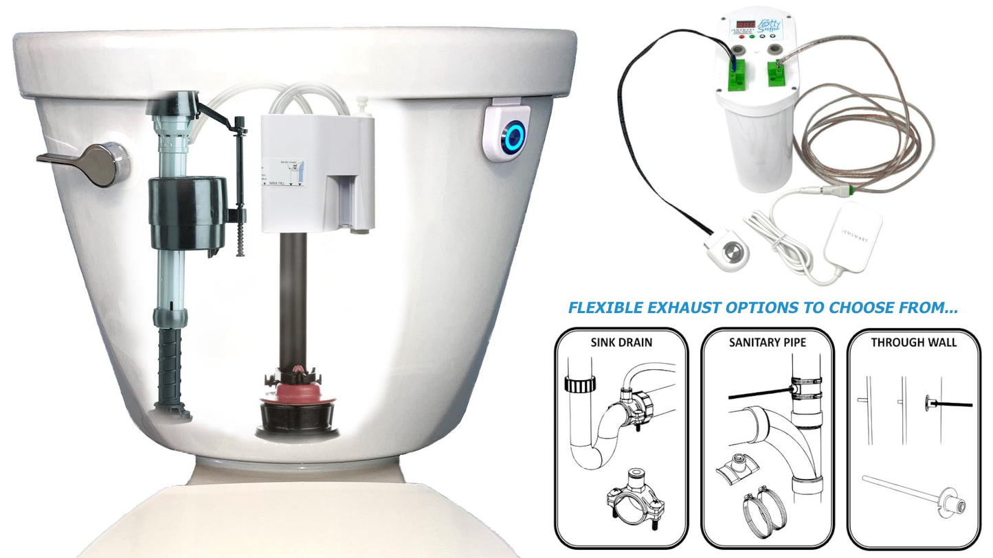 Potty Sniffer Toilet Ventilation System, Odorless Toilet Conversion, FULL OPTIONS KIT for Standard Overflow Pipe Equipped Toilets, Eliminates Embarrassing Toilet Odor Permanently