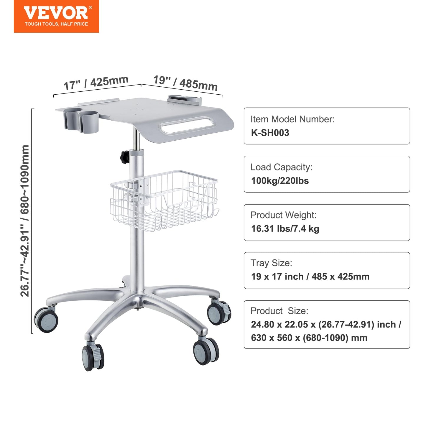 VEVOR Medical Trolley with Wheels - Height Adjustable Gas Lift, Large Tabletop 19"×17", Stainless Steel Rolling Laptop Cart with Storage Basket,Mobile Metal Scanner Cart for Ultrasound/Dental/EKG/Lab