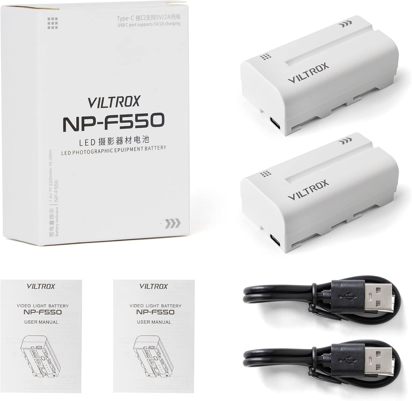 VILTROX 2 Pack NP-F550 2200mAh NP-F970 F960 F950 F770 F750 F570 F550, Battery, Replacement of Sony Compatible Godbox