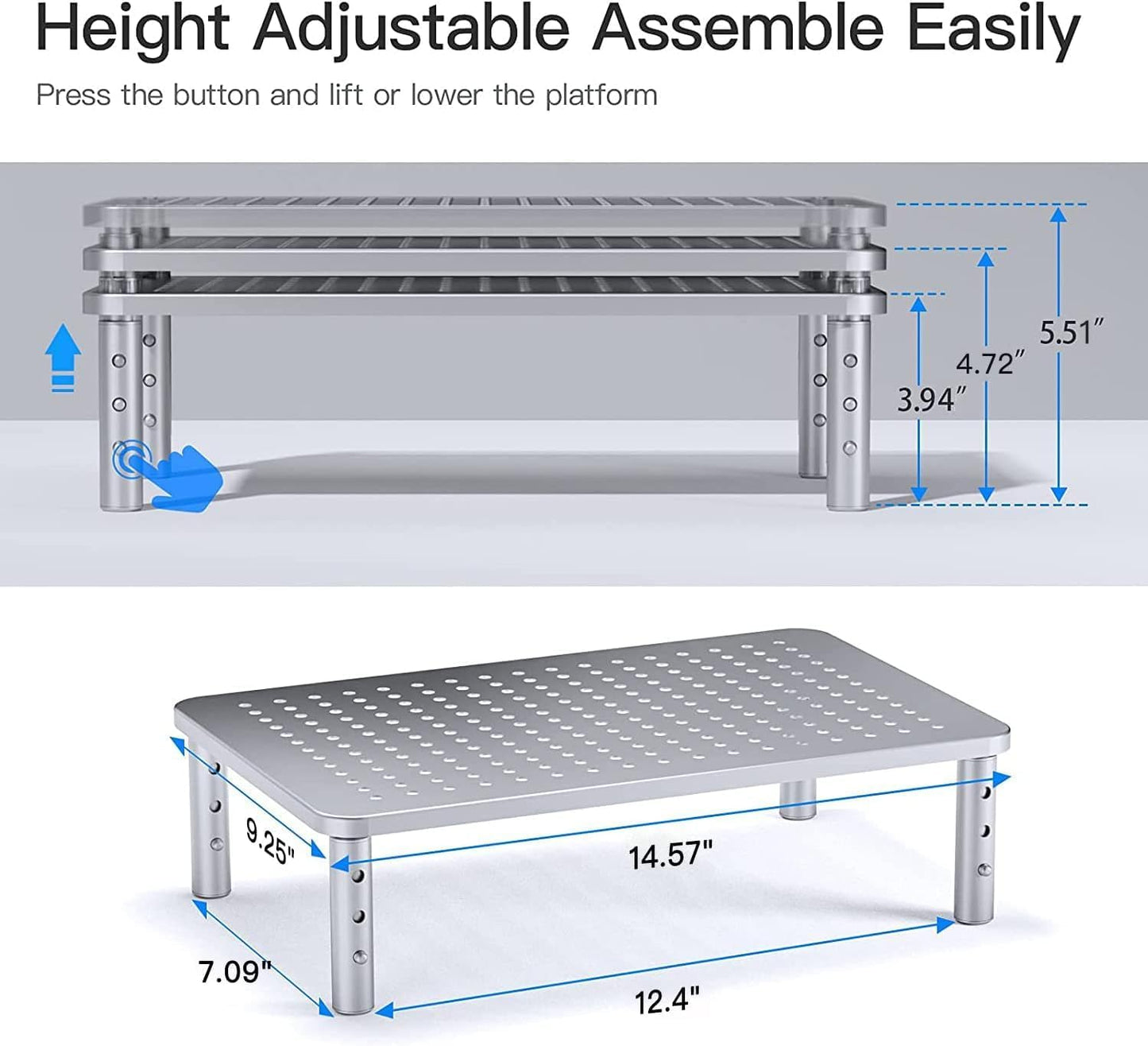 3 HUANUO Monitor Riser - Height Adjustable Stand for Laptop, Computer, iMac, PC, Printer, Desktop Ergonomic Metal