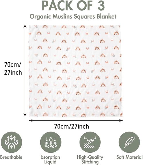 GLLQUEN Baby Receiving Blanket - Soft Cotton Muslin Swaddle Wraps for Newborns | 3 Pack (Sun)