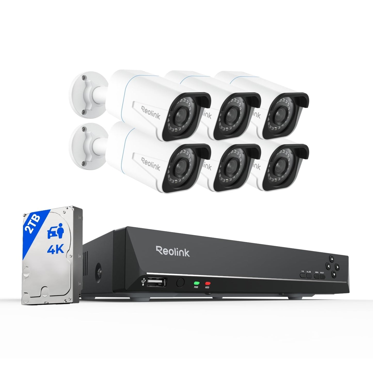 REOLINK 8CH 4K Security Camera System, 6pcs H.265 Bullet Wired PoE Cameras for Home Security Outdoors, Smart Person Vehicle Detection, 8CH NVR Recorder with 2TB HDD for 24-7 Recording, RLK8-800B6