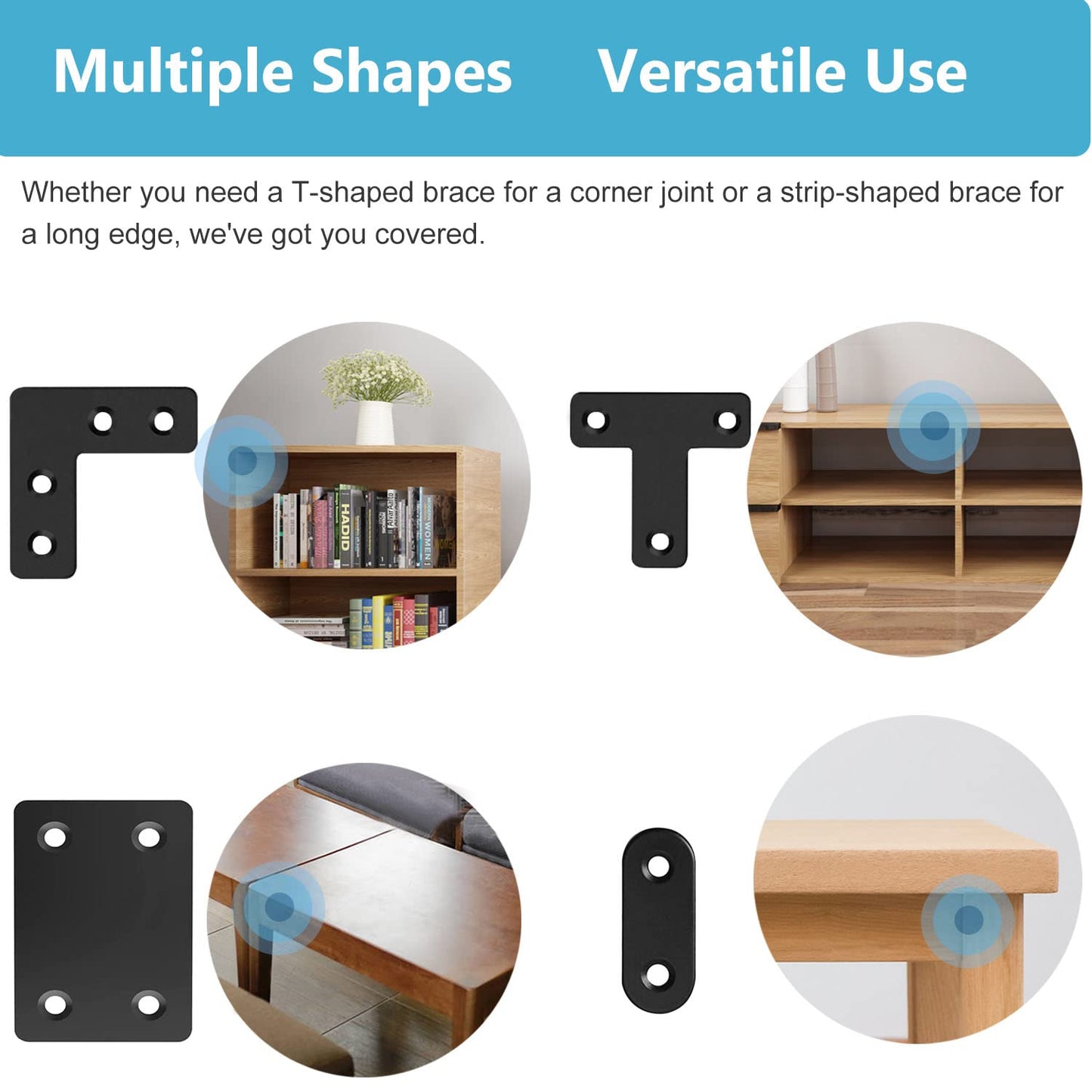 QSJ 22 Pack Straight Brace Stainless Steel Black Flat Brace Straight Corner Braces Straight Brackets Metal Flat Straight Mending Plates with Screws