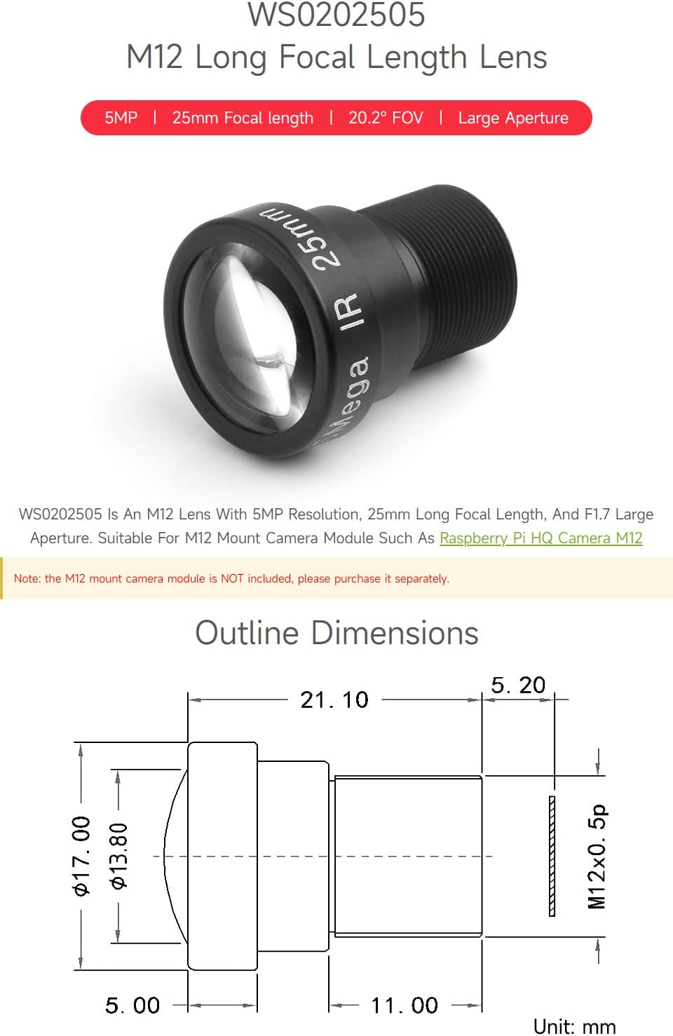 waveshare M12 5MP, 25mm M12 Long Focal Length Lens, Focal Length, Large Aperture, Compatible with Raspberry Pi Camera