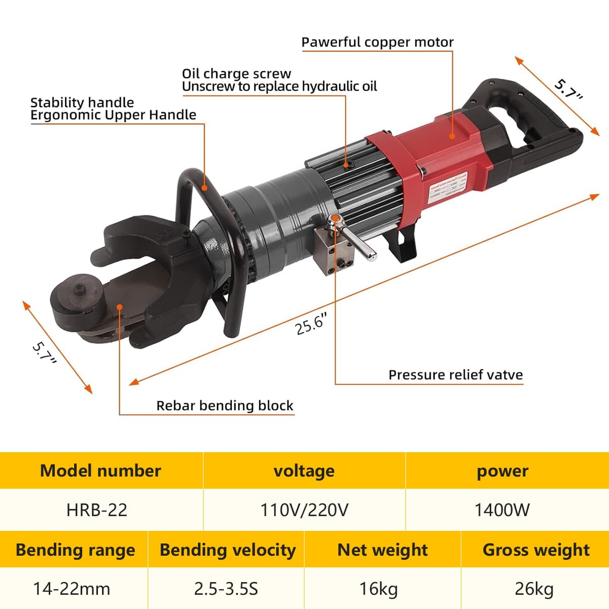 GERMCENS Electric Rebar Bender 1400W Hydraulic Rebar Bending Machine #14-22 mm Rebar to 90° within 2.5-3.5s,Enabling easy bending of rebar steel bar,Comes with a storage box