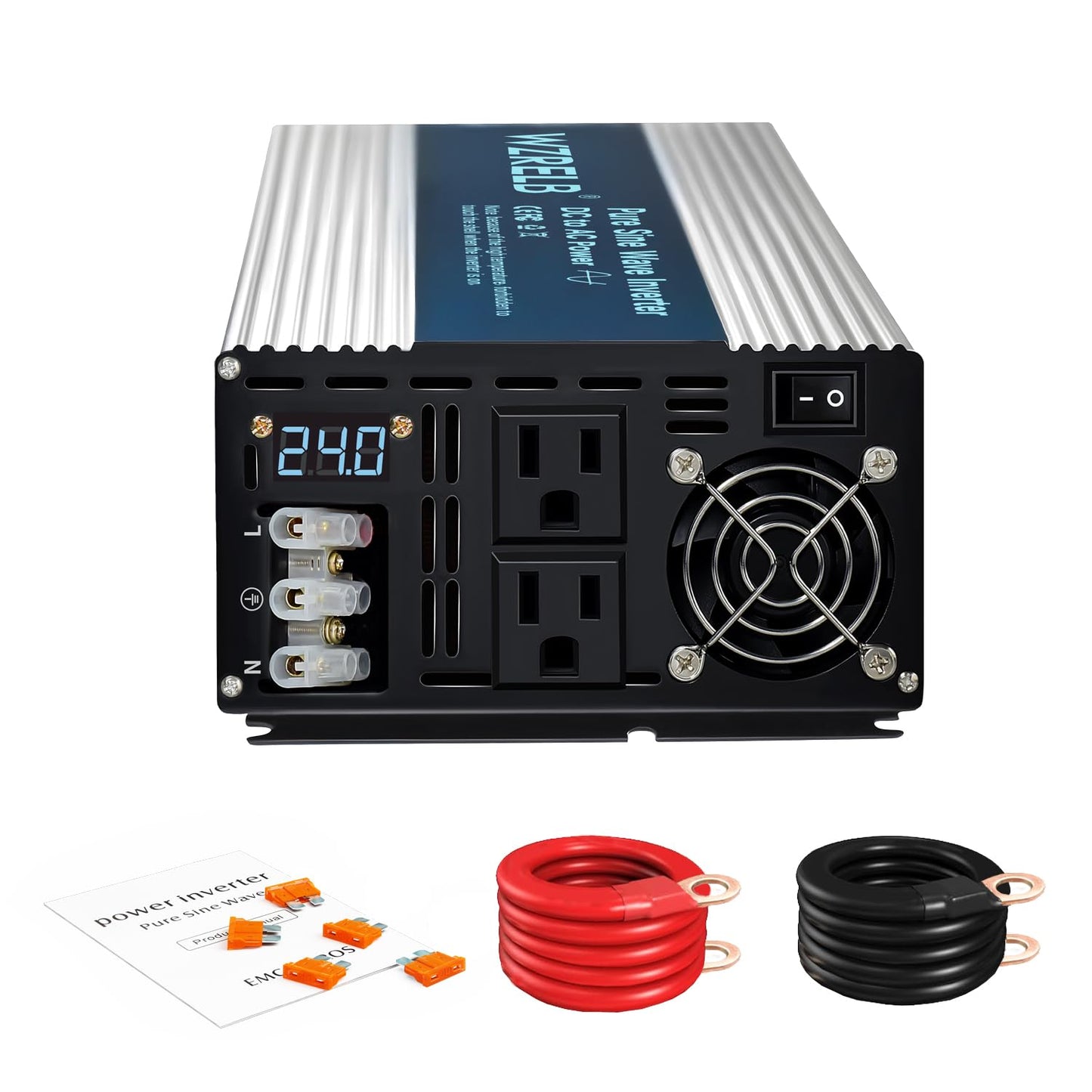 WZRELB 3000W Pure Sine Wave Inverter 24V DC to 110V 120V AC Power Converter with LED Display, Hardwire Terminal,Off-Grid Portable Power Inverter with Dual AC Outlets for Home, RV, Truck, Camping