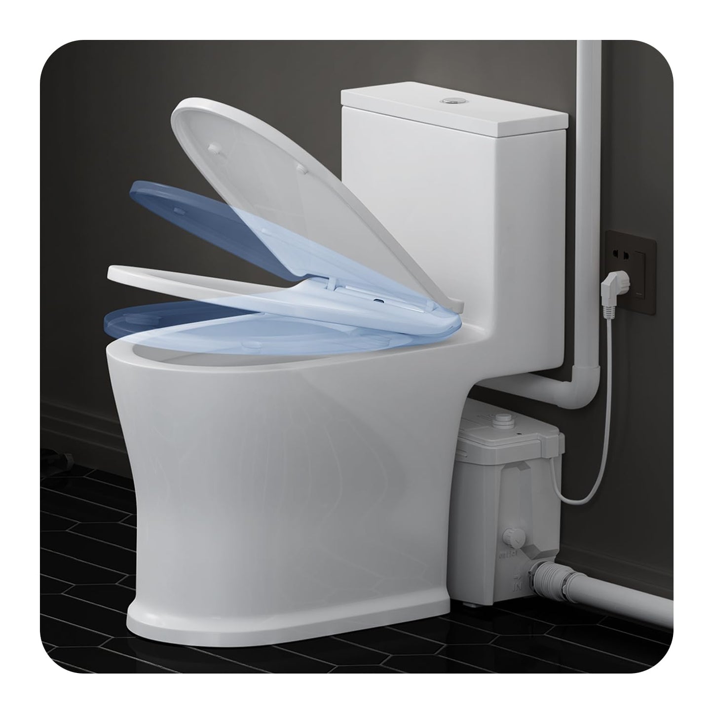 INEFLO 500MAX Upflush Toilet with Pump for Basement, 23ft Macerator Pump with 4 Inlets for Sink/Shower/Laundry Sewer Waste Water Disposal, One Piece Full Skirt Macerating Toilet, Nano-glaze Finished