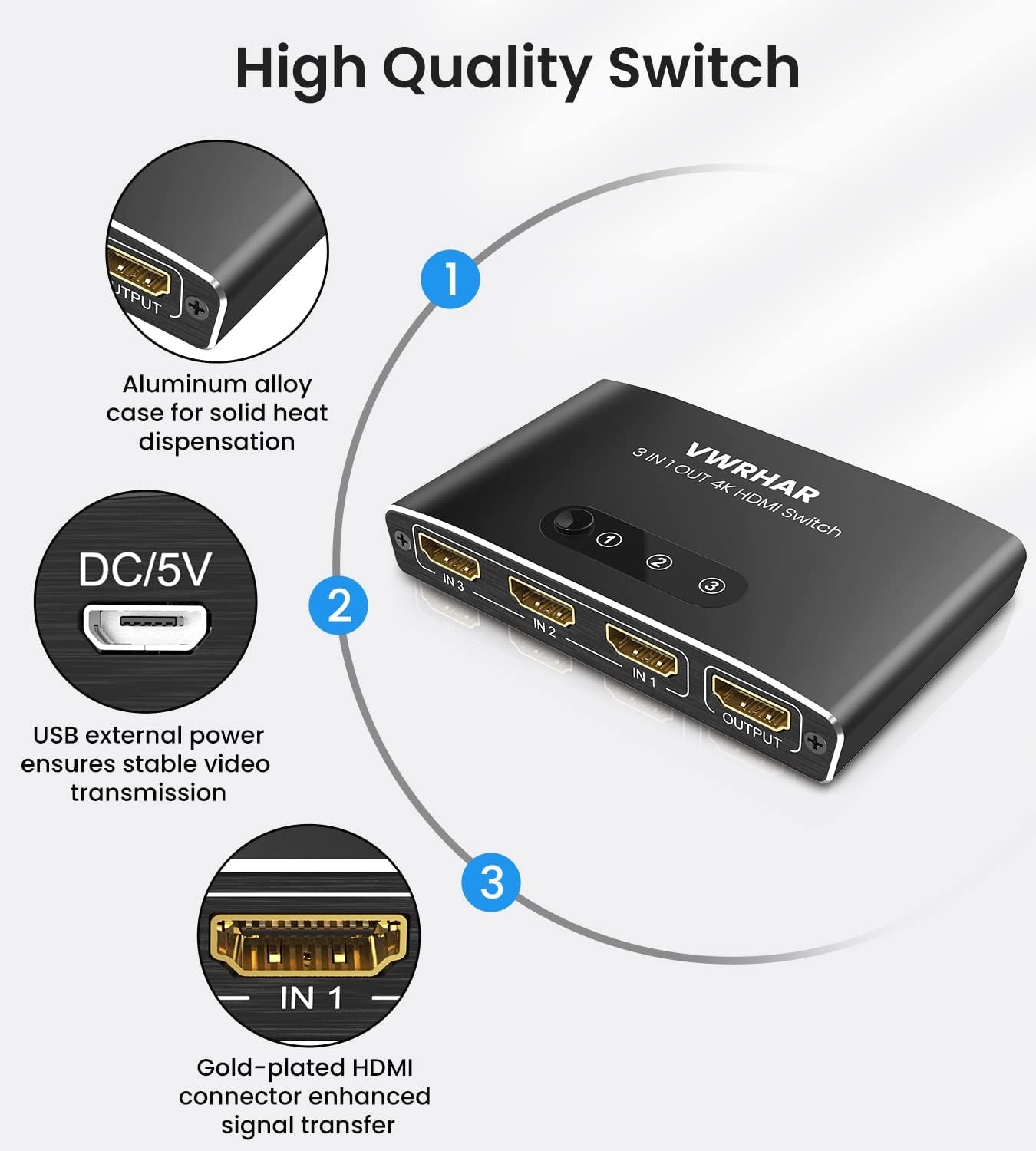 VWRHar 3 1 4K 4K 3D 1080P HDCP2.2 PS5 PS4 HDMI Switch in Out UHD HDMI Switcher Splitter, Automatic Switch with Remote