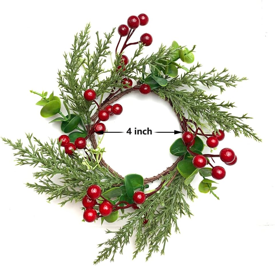 Regine Switzerland Christmas Candle Rings - 4 Inch Artificial Red Berries & Pine Needles Wreaths | Rustic Holiday Table Decor