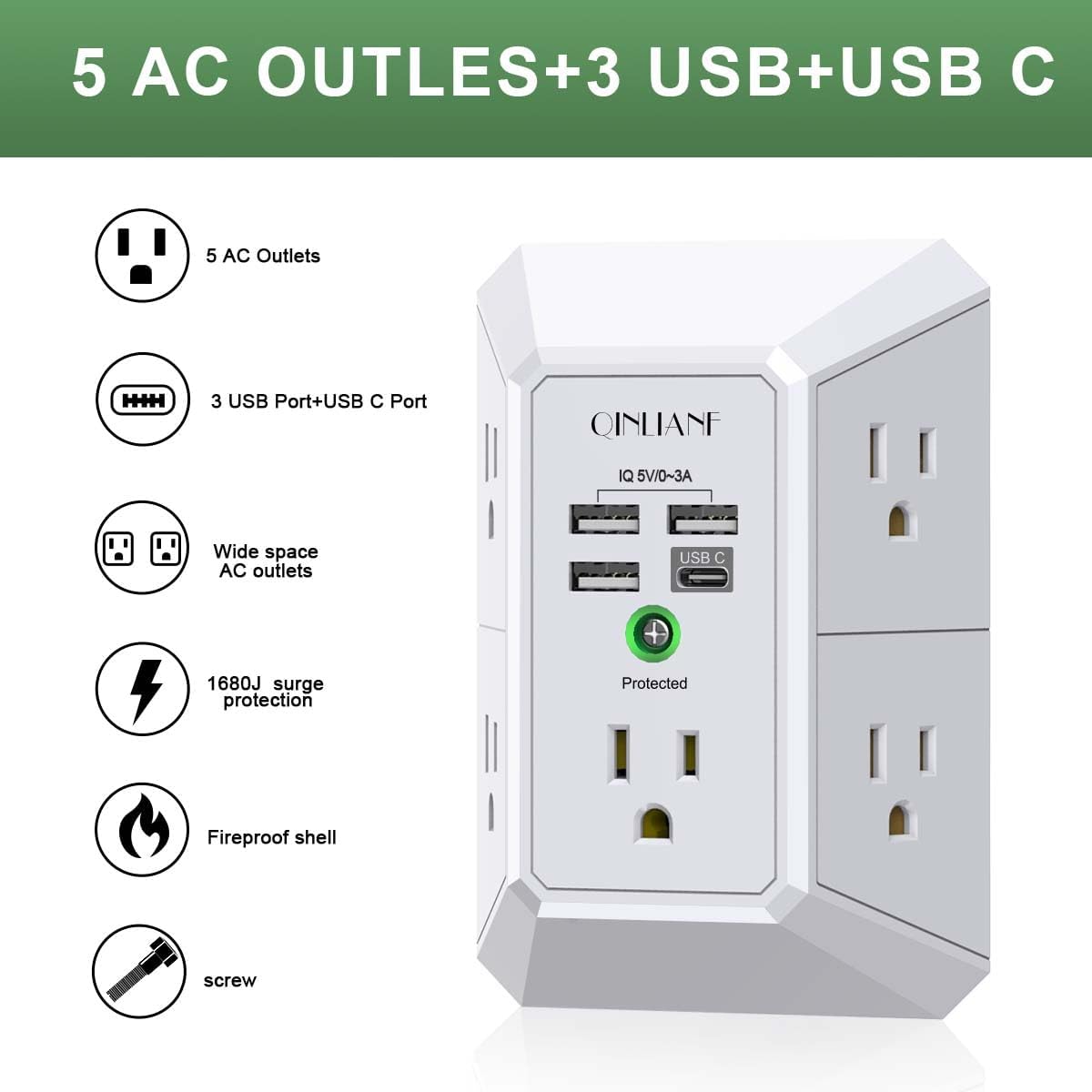 QINLIANF Wall Charger - 5 Outlet Surge Protector with 4 USB Ports | 3-Sided 1680J Power Strip for Home & Office