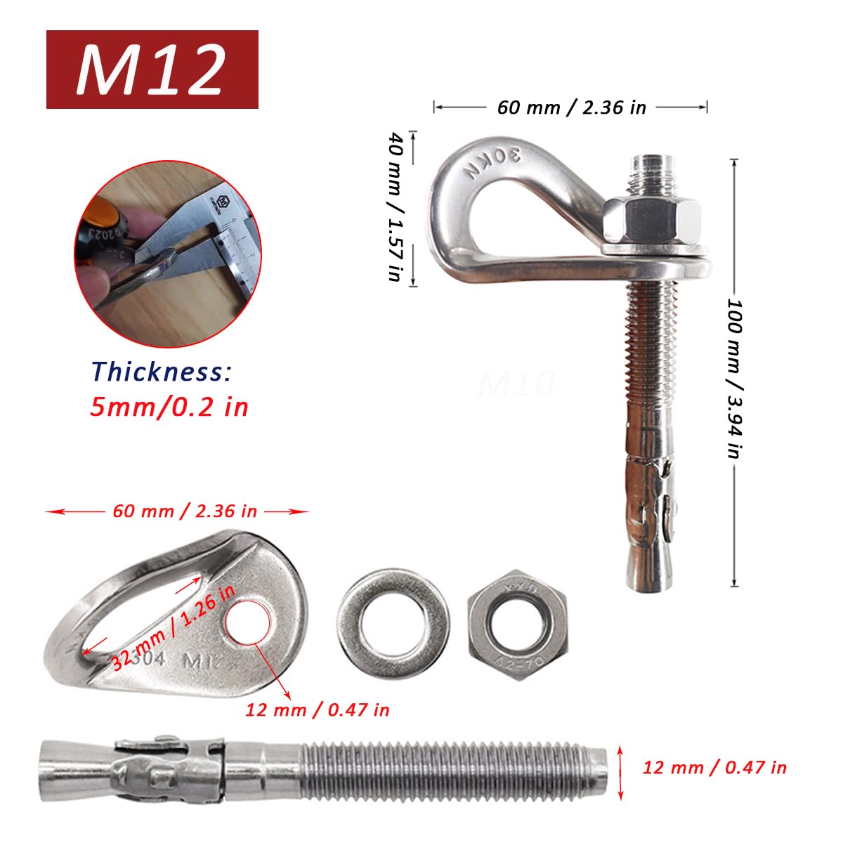 304 Stainless Steel Climbing Bolt Kit, Heavy-Duty Climbing Holds Hanger 1/2"-for Outdoor Climbing Walls, Bouldering Gyms, and DIY Home Training Setups (1 Set)