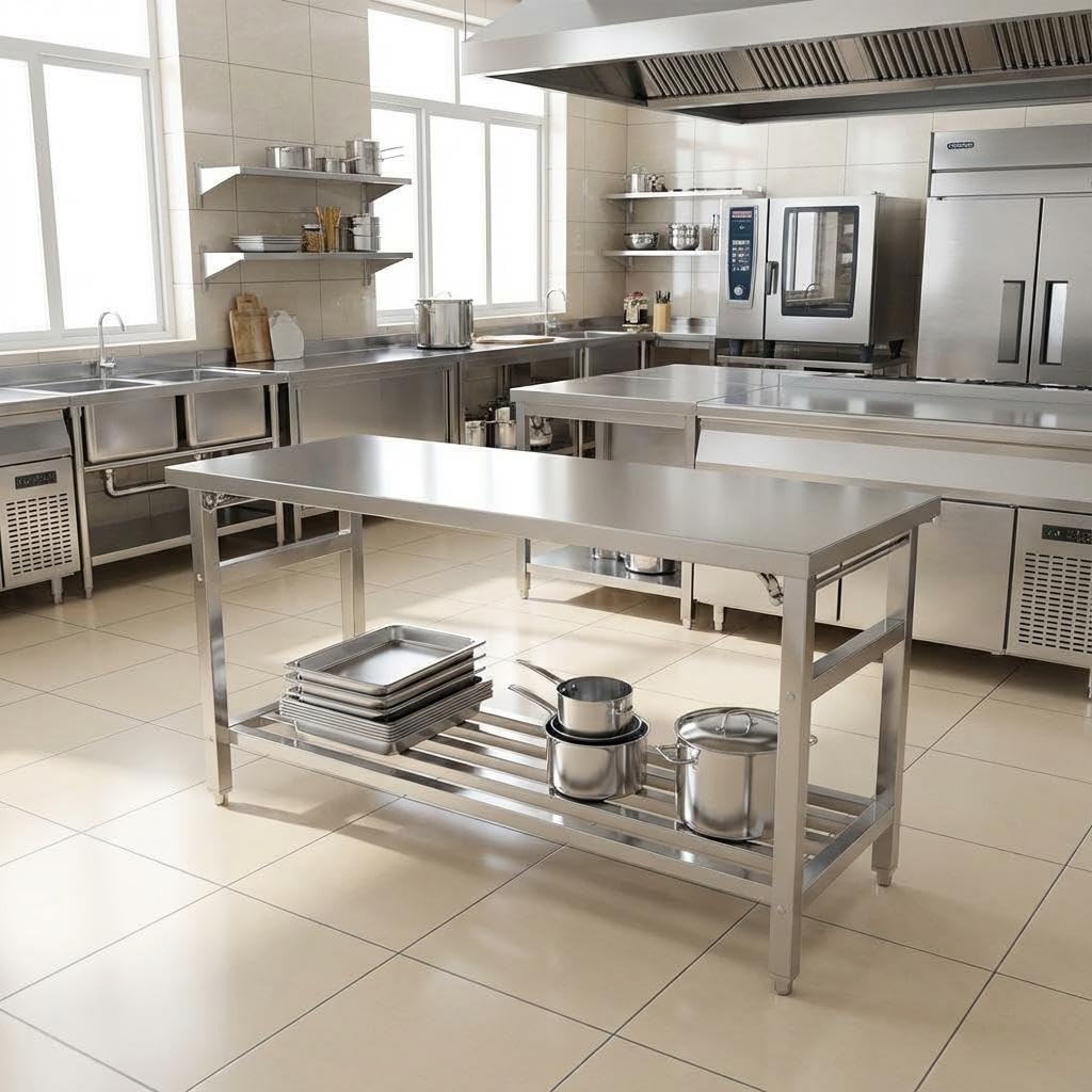 MegaChoice 60 x 24 Inch Stainless Steel Prep Table, Folding Stainless Steel Work Table with Adjustable Undershelf, Heavy Duty Metal Workstation for Commercial, Kitchen, Restaurant, Garage, Home
