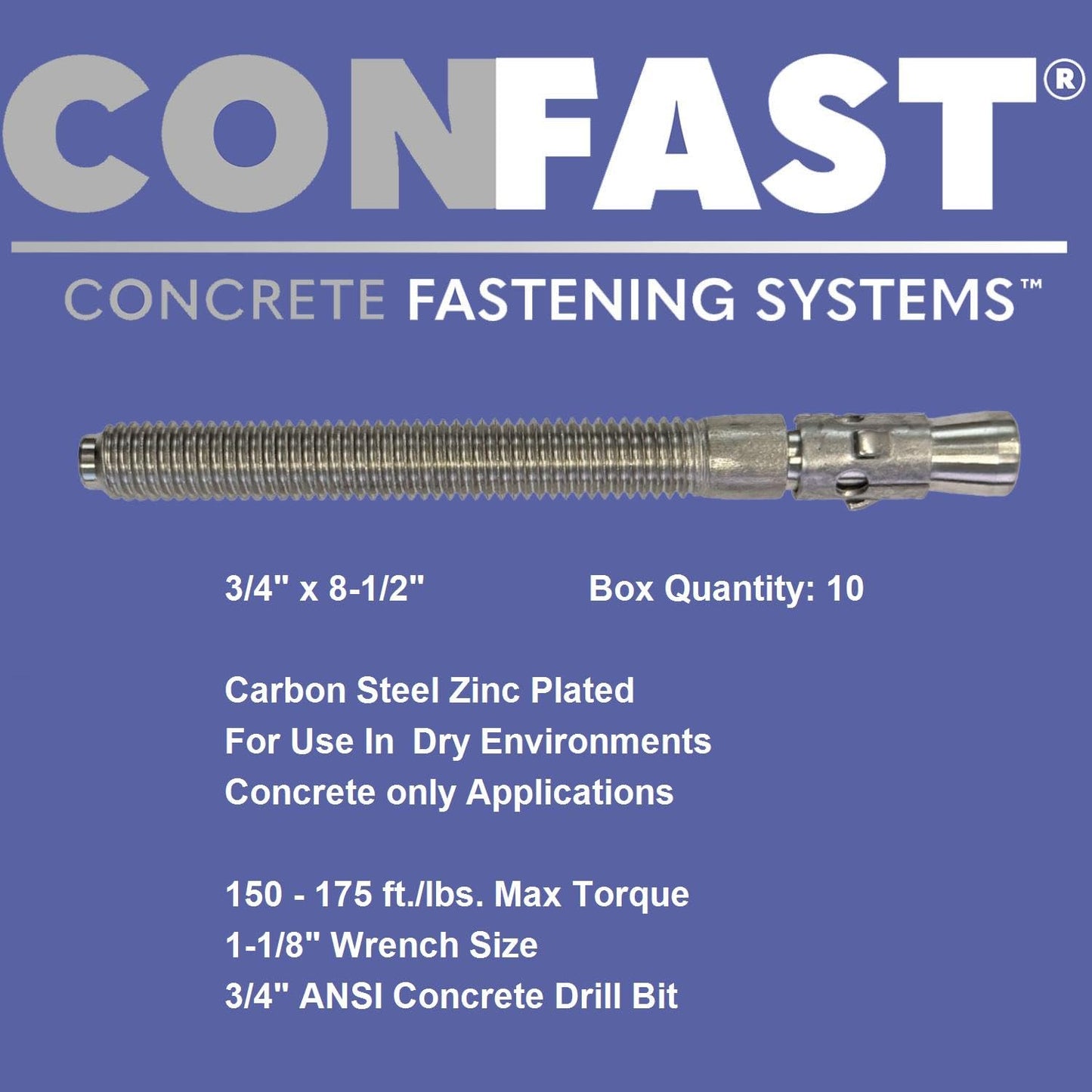 CONFAST 3/4" x 8-1/2" Wedge Anchor Zinc Plated (Box of 10)