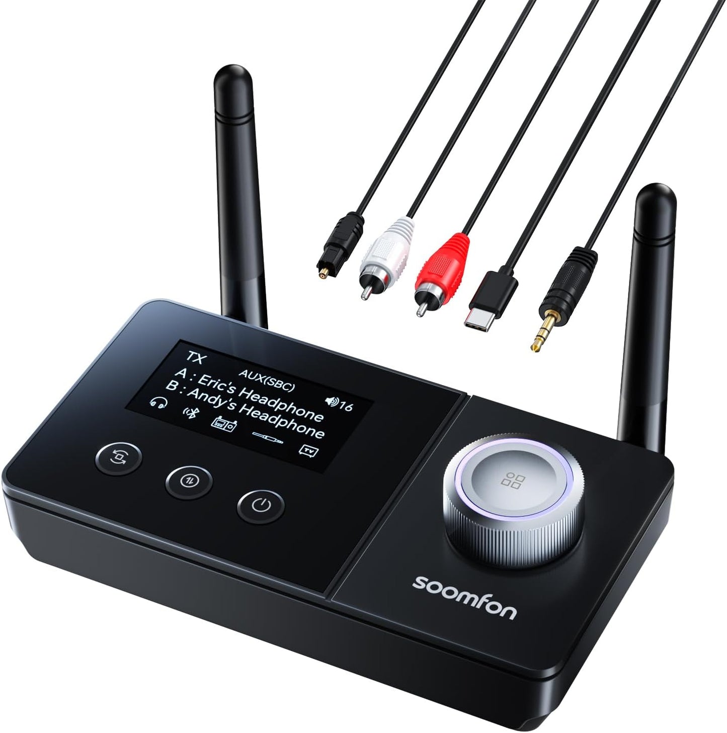 SOOMFON 5.3 3-in-1 2 Dual Antenna Bluetooth Transmitter for TV Bluetooth Receiver to Headphones with LCD Display Volume