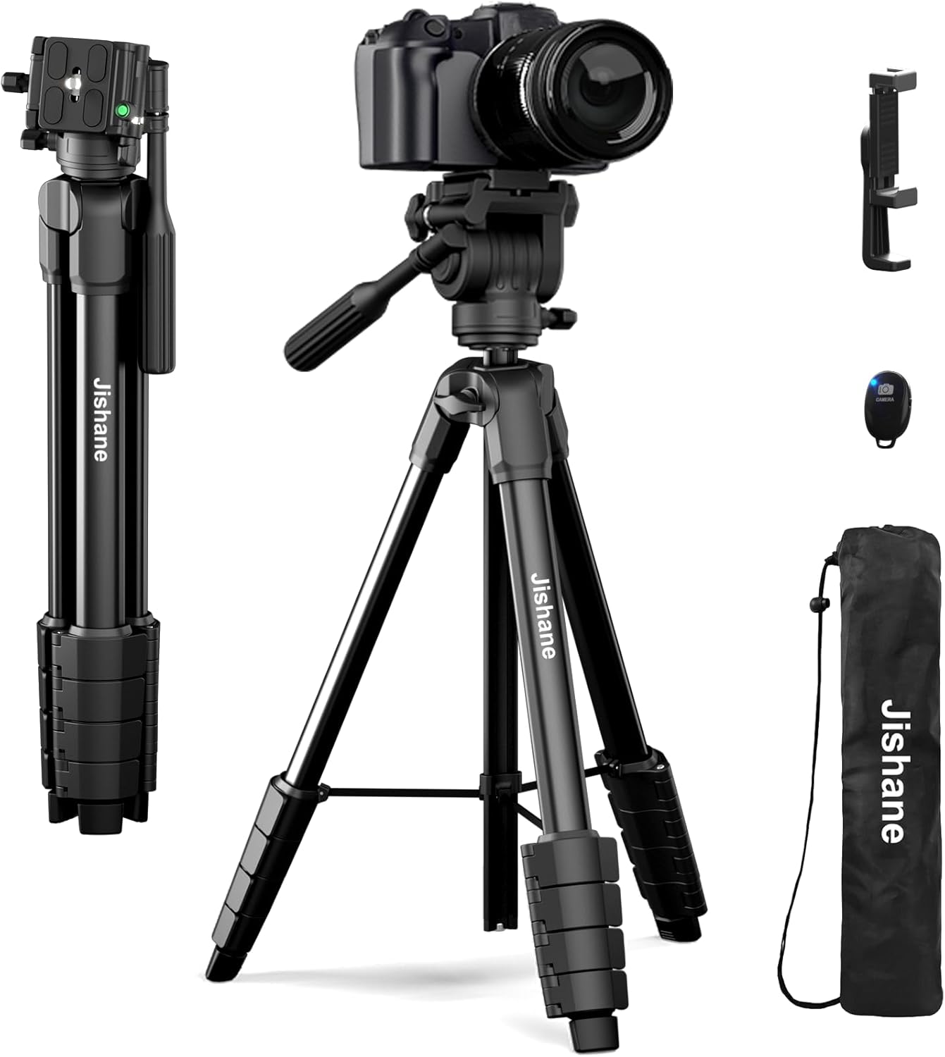 Jishane 61" 11lb Camera Tripod, Travel Tripod for Camera Canon EOS Rebel Nikon, Lightweight Phone Stand with Wireless
