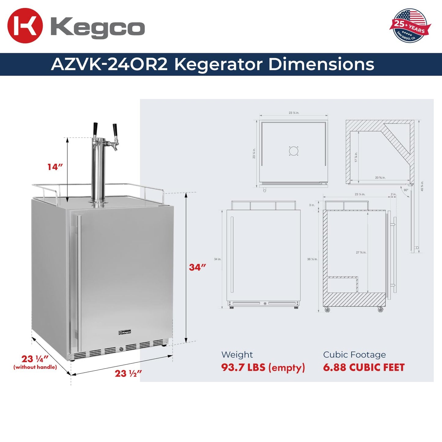 Kegco 24" Wide Outdoor Build-In Dual Tap Stainless Steel Right Hinge Kegerator with Dispense Kit
