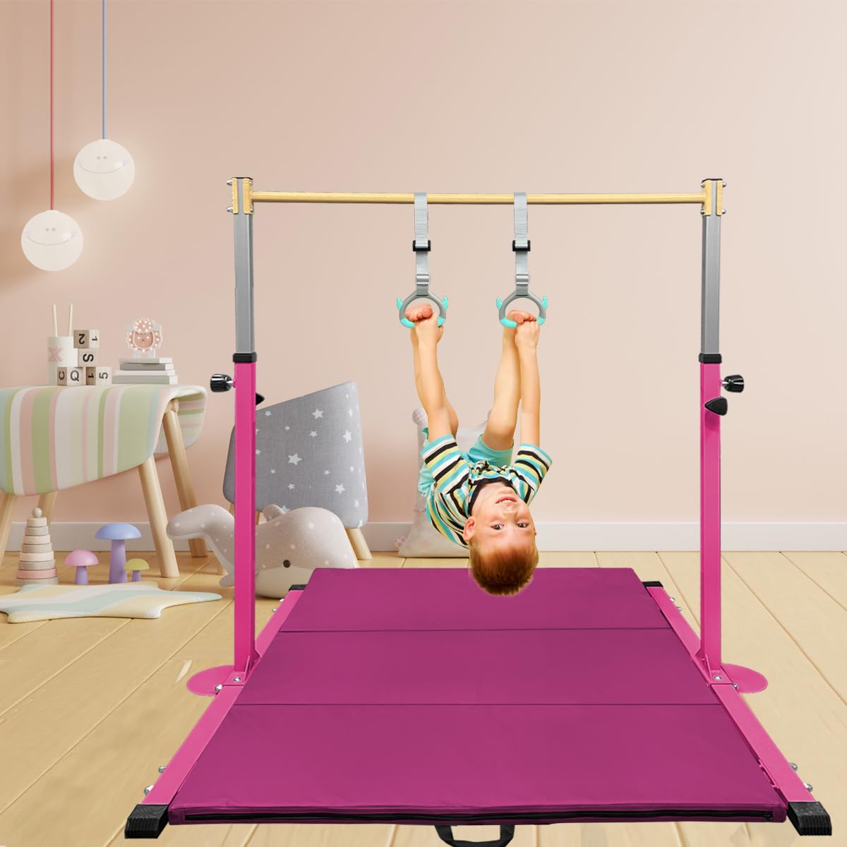 GLANT Gymnastic Kip Bar,Horizontal Bar for Kids Girls Junior,3' to 5' Adjustable Height,Home Gym Equipment,Ideal for Indoor and Home Training,1-4 Levels,300lbs Weight Capacity