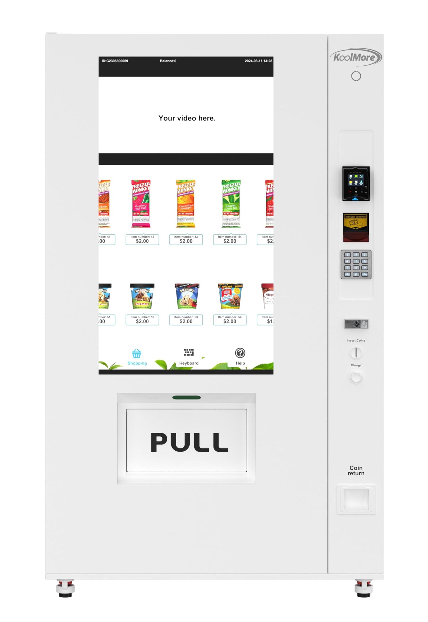 KoolMore 45 in. Commercial Freezer Ice Cream Vending Machine with 44 Slots, Ample 49 in. Touch Display, Bill Acceptor and Credit Card Reader in White