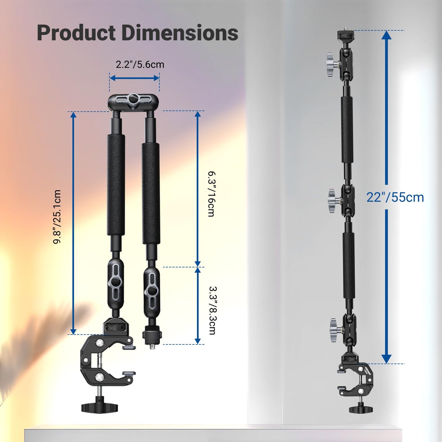 NEEWER 22" Magic Arm w Desk C Clamp, Overhead Camera Mount with Articulating Mic Boom Arm 1/4" 3/8" Threads for ARRI, Desktop Stand Holder for Phone Microphone Webcam Action Camera Video Light, UA057