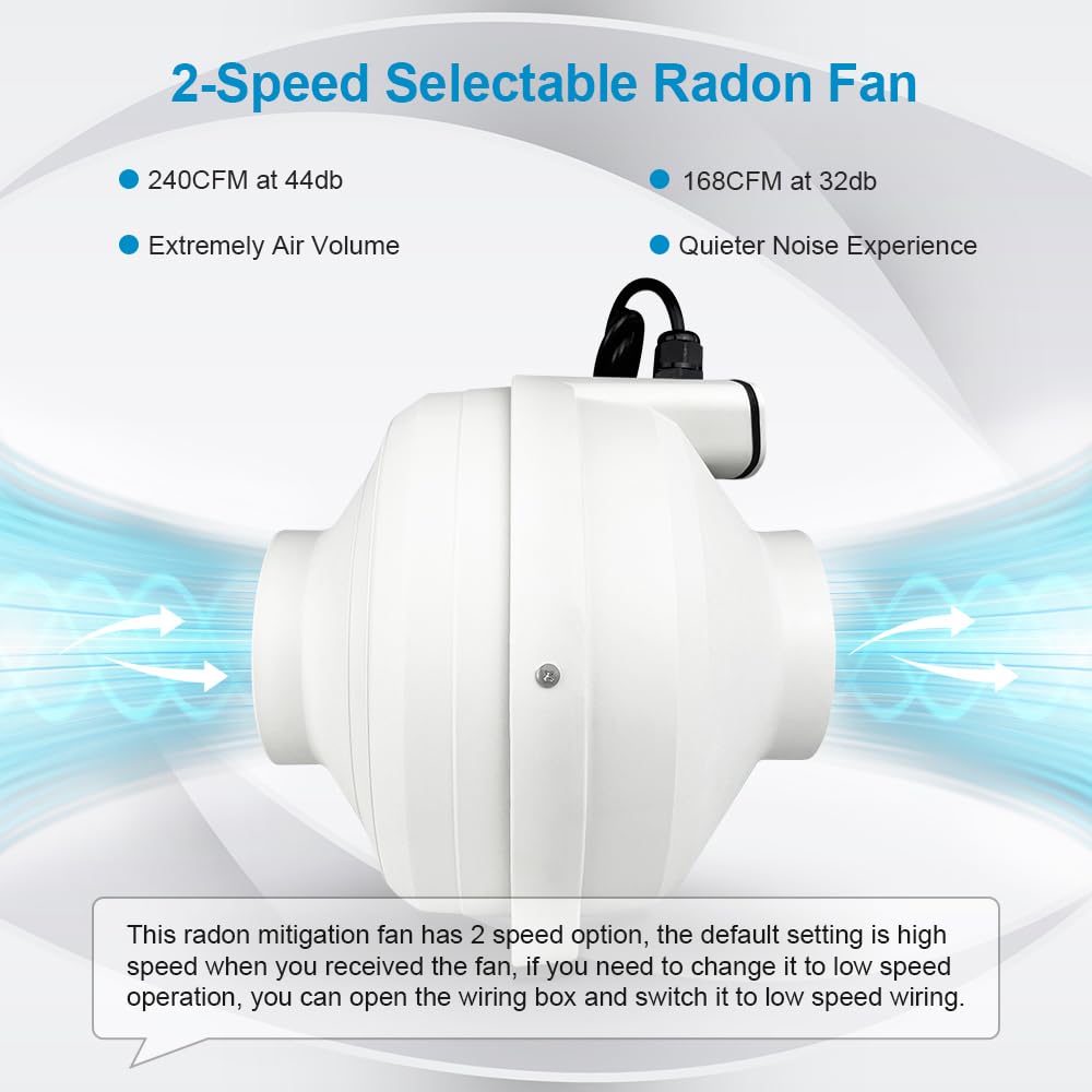 Rysmirs 4 to 3 inch Radon Mitigation System Kit - 2 Speed Radon Fan 240CFM | 168CFM with Rubber Couplings and Air Pressure Indicator, Quiet and Energy Efficient, Fits 3” Piping