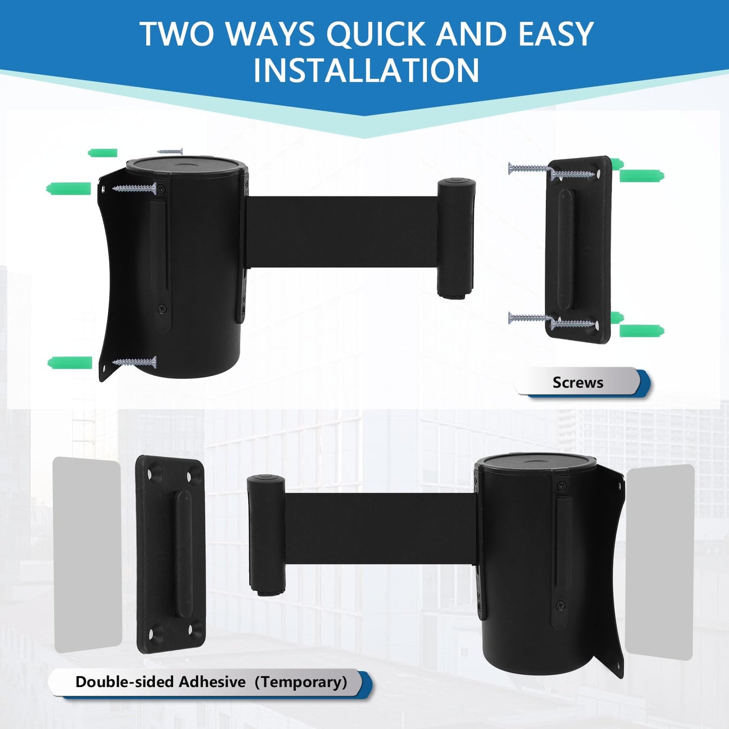 Wall Mount Retractable Belt Barrier 2 Pack, TrreZon Fixed Retractable Belt Barrier with Steel Case 16' Black Belt for Grocery, Restaurant, Retail Store, Office, Stadium, School