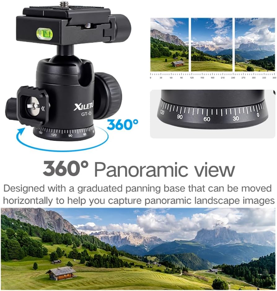 XILETU 360 1/4" 3/8" Tripod Ball Head Panoramic Metal with Arca Type Quick Release Plate, Screw Thread Mount, Tripod