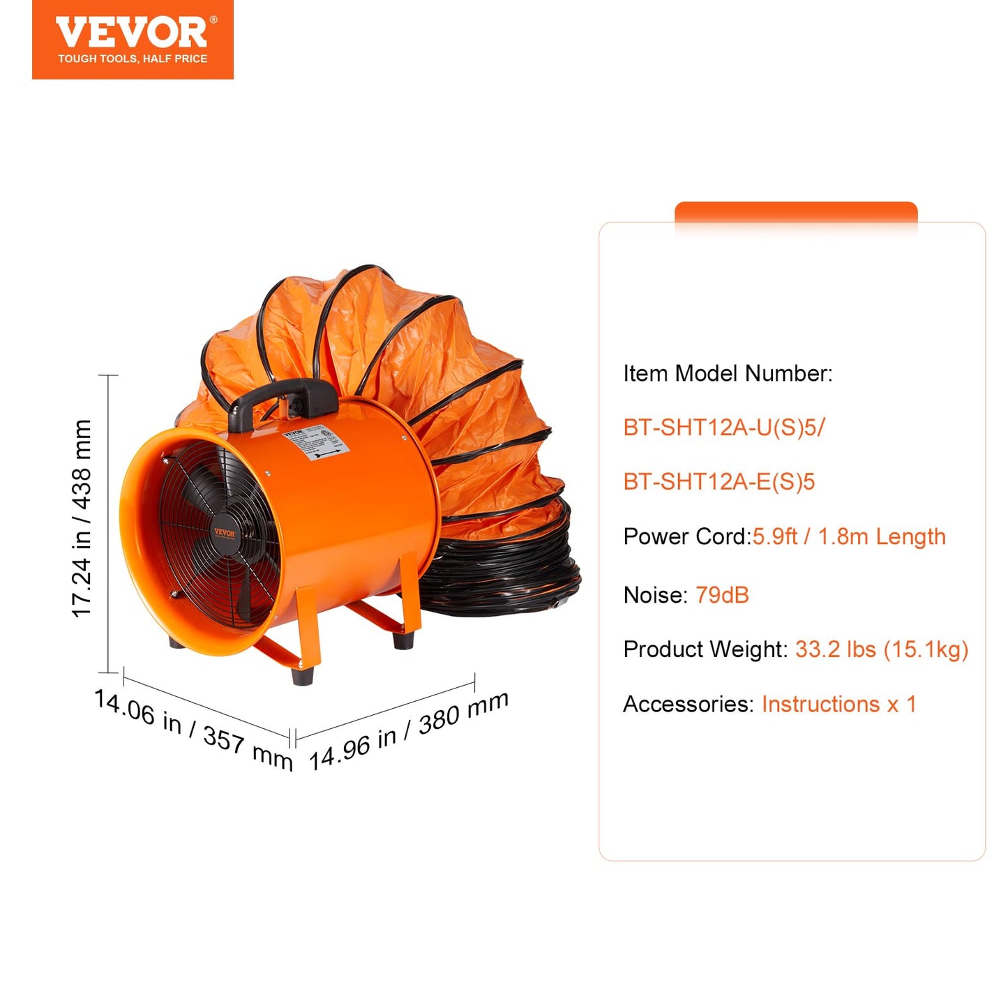VEVOR Air Mover Blower Fan 12 Inch, 3198CFM 585W with 16.4ft Flexible Duct, Industrial Portable Ventilator Blower/Exhaust