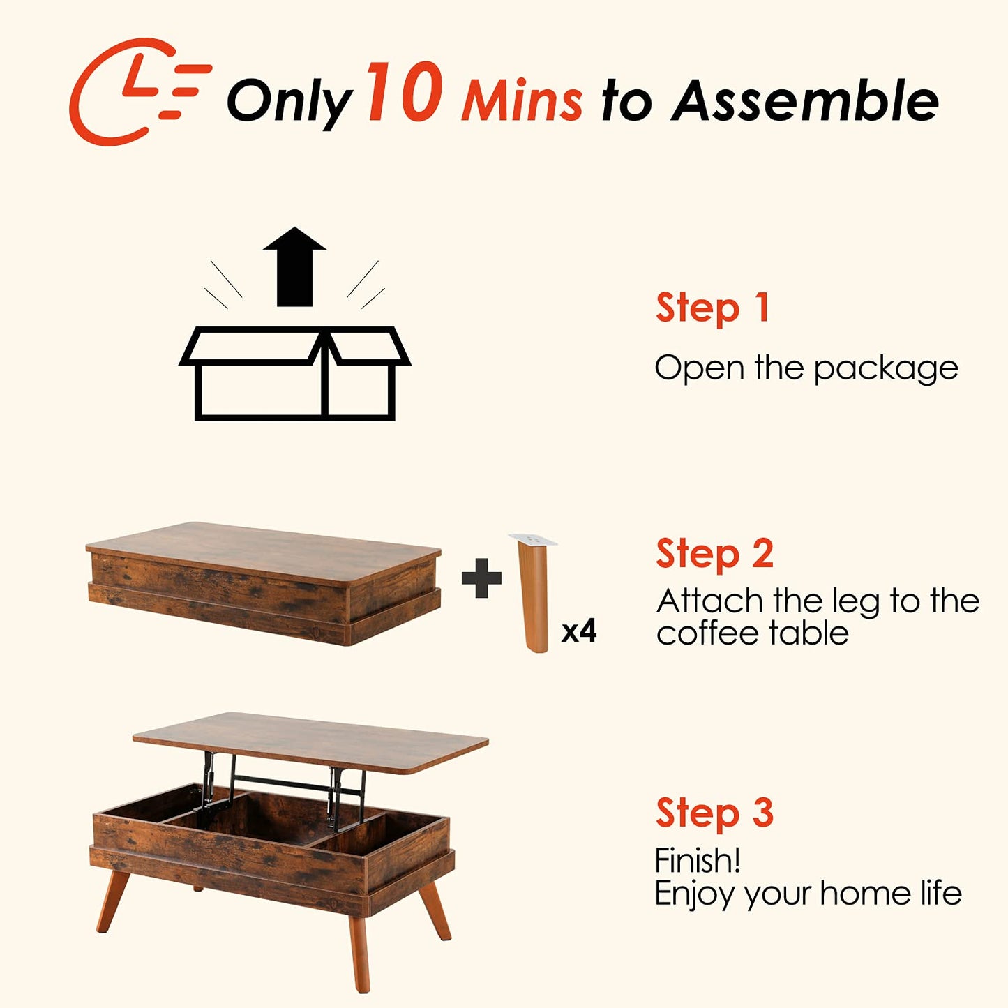 Bidiso Lift Top Coffee Table, Easy-to-Assembly Center Table with Hidden Storage Compartment, Industrial Lift Tabletop Dining Table for Living Room Reception/Home Office, Rustic Brown
