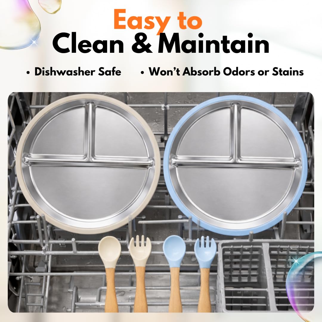 6-Piece Stainless Steel Divided Plates with Suction – Durable Toddler Dinnerware Set with Forks & Spoons – Mess-Free & Dishwasher Friendly