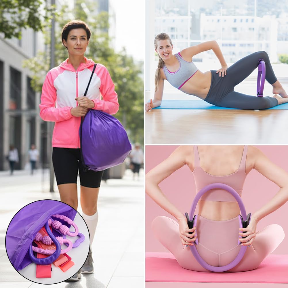 Yonderfume Pilates Essentials Kit for Women, 14 Pcs Home Workout Equipment with Pilates Circle Ball Ring Set Resistance Bands and Anti Slip Sock, Yoga Pilate Essentials Accessories(Color:Purple)