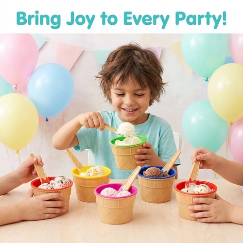 JoyServe Ice Cream Bowls and Spoons Set - (Pack of 6) Reusable Plastic Ice Cream Cups and Waffle Cone Shaped Spoons for Dessert, Frozen Yogurt, Gelato, Birthday Party Decorations