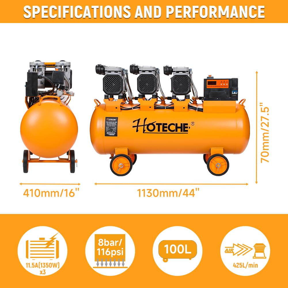 Hoteche 26 Gallon Silent Oil-Free Air Compressor, 5.4HP (1.8HP*3) High Flow 425L/Min Ultra Quiet Electric Air Pump with Triple Motors & Dual Cylinders for Workshop, Industrial Painting & Air Tools