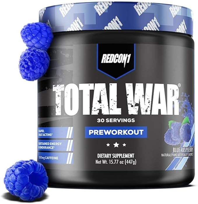 REDCON1 Total War Pre Workout, Blue Raspberry - Beta Alanine + Citrulline Malate Keto Friendly Preworkout for Men & Women with 320mg of Caffeine - Fast Acting (30 Servings)