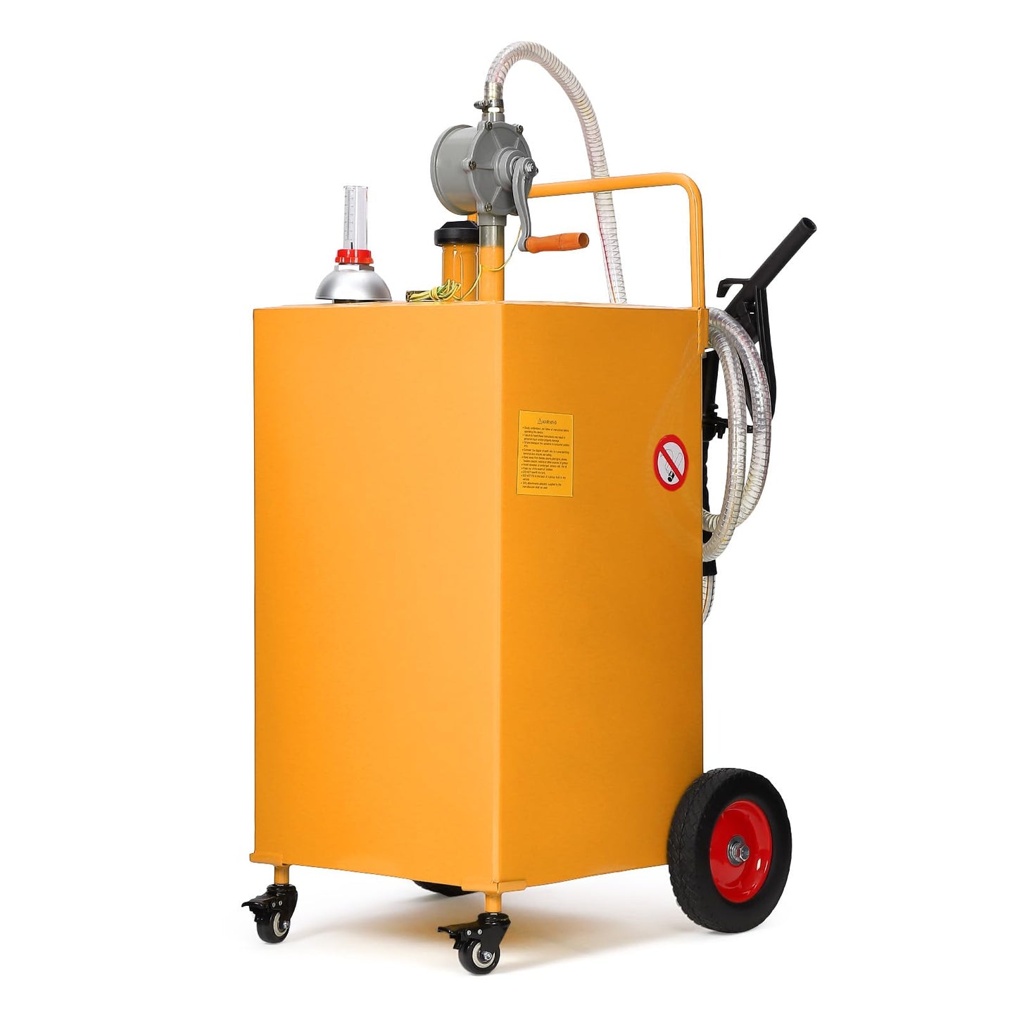 35 Gallon Portable Fuel Caddy with Manual Pump, Heavy Duty Mobile Fuel Transfer Tank On 4 Wheels, Gasoline & Diesel Storage Container for Trucks, Boats, ATVs, Lawn Mowers, Farm Equipment - Orange